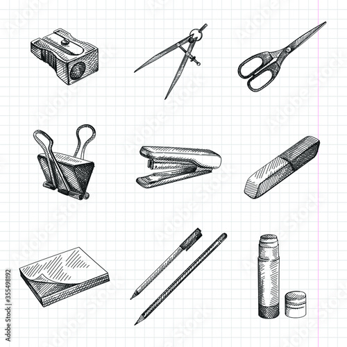 Hand-drawn sketch of Stationery Supplies for School and Office Set. The set includes pencil sharpener, compass (for drawing), scissors, eraser, rubber, stapler, sticker note, pen, pencil, glue stick	
