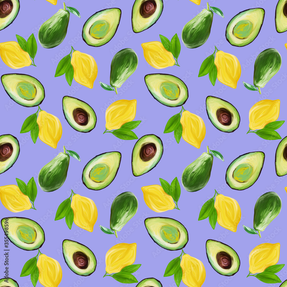 Bright vegetarian Fruit Painted Seamless Pattern hand-drawn in gouache avocado and lemon on lilac background. Design for textiles, packaging, fabrics, menus, restaurants
