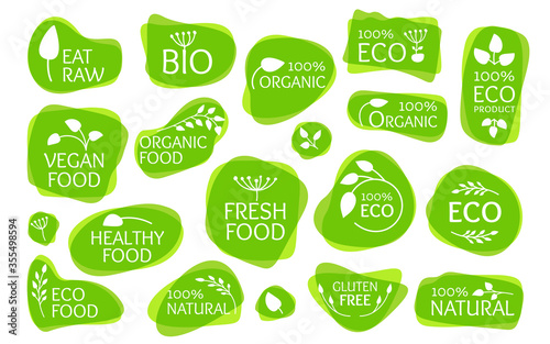 Overlapping eco label, logo with leaves. Overprint emblem for organic natural product. Bio, gluten free, eat raw, vegan fresh, healthy food. Sign for badge, tag, packaging Isolated vector illustration