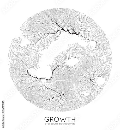 Vector generative branch growth pattern. Round texture. Lichen like organic structure with veins. Monocrome square biological net of vessels.