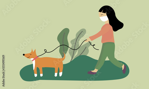 Girl with a mask walks with dogs in the park. Vector cartoon illustration on the topic of the pandemic. Young girl walking in public park with dogs during quarantine. For books, poster, web.