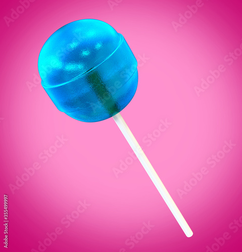 Lollipop on a stick on a pink background. candy of blue color on isolated background. 3d illustration