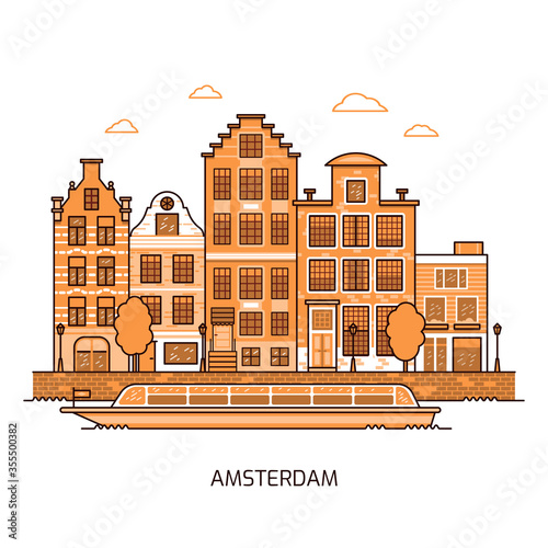 Amsterdam architecture cityscape, line style vector skyline, river canal