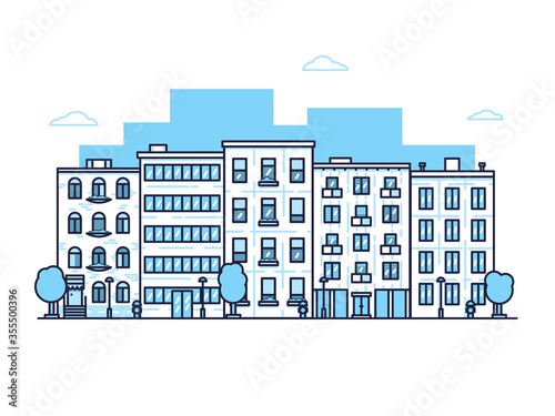 Urban City landscape with horizontal city street panorama. Cityscape of neighborhood with residential houses, shops, trees and street lamps. Flat style bright color vector illustration.
