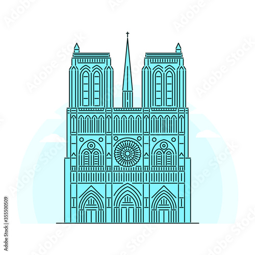 Notre-Dame de Paris Catholic Cathedral. Famous landmark of France. Monument of early Gothic architecture. Linear style outline vector illustration on white background