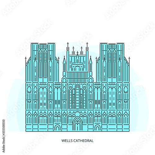 Wells Cathedral - Anglican cathedral in Wells, Somerset, England. Famous landmark of England. Monument of Anglicanism and early Gothic architecture. Linear style outline vector illustration