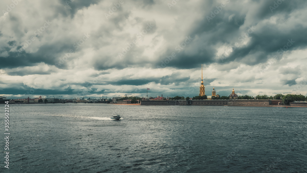 Neva River in St. Petersburg without tourist ships in June 2020. The city is in quarantine