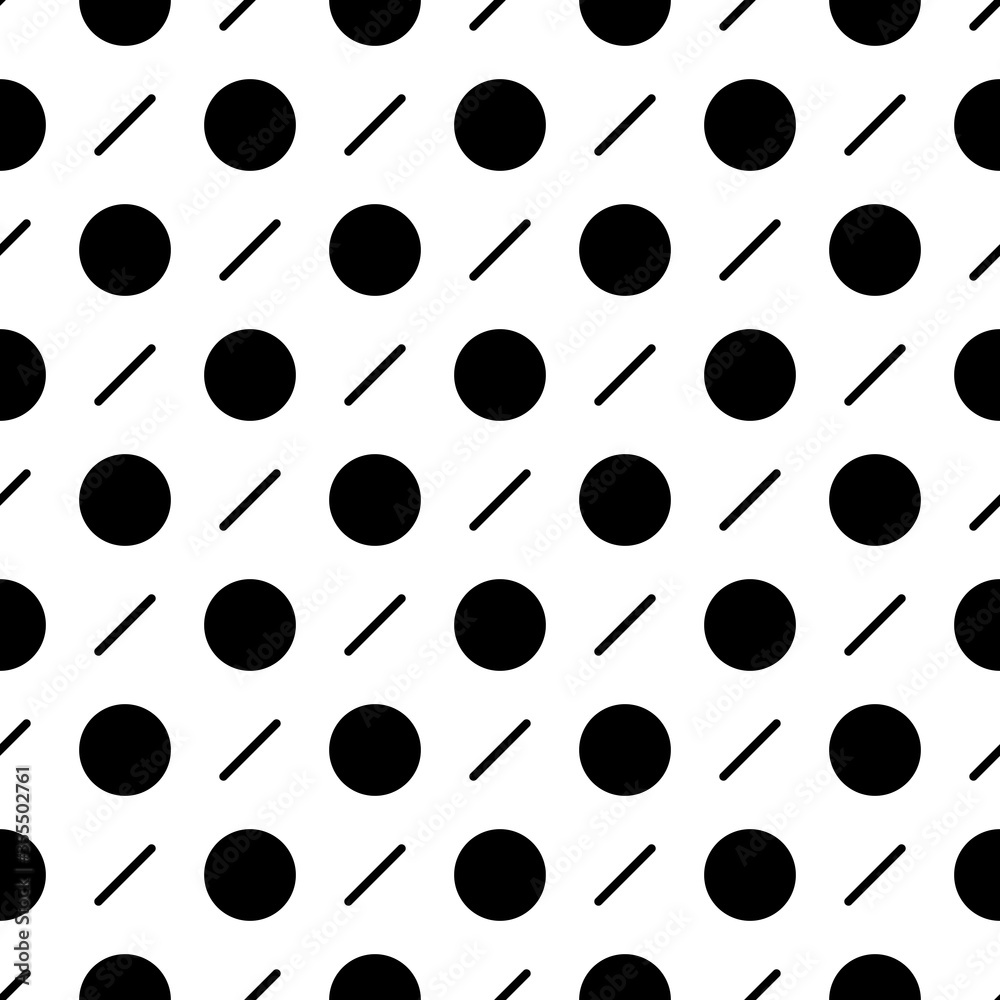 Circles, diagonal strokes seamless pattern. Dots, dashes print. Dot shapes, lines ornament. Circular, linear figures wallpaper. Rounds, stripes background. Abstract vector. Dotted, dashed backdrop.