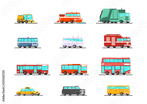 Isolated set of simplified public service vehicles. Vector flat graphic design.