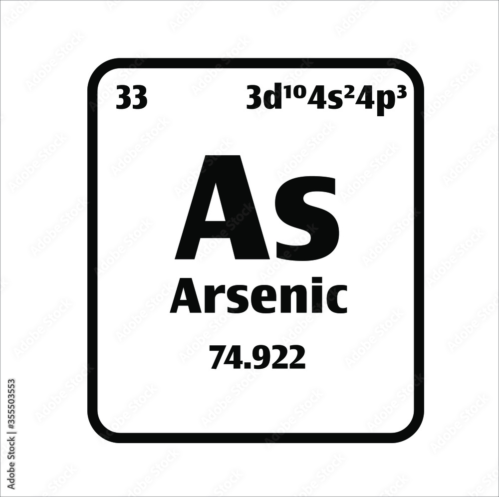Arsenic (As) button on black and white background on the periodic table of elements with atomic number or a chemistry science concept or experiment. Arsenic (As) button on black and white background on the periodic table of elements with atomic number or a chemistry science concept or experiment.