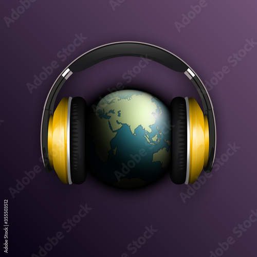world map headphones. Globe headphone icon, space sunlight. Planet Earth sunny glow background earphones. Continents world Sunshine picture. Colorful solar eclipse earphones poster presentation