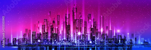 Vector night city skyline with neon glow and vivid colors. Illustration with architecture  skyscrapers  megapolis  buildings  downtown