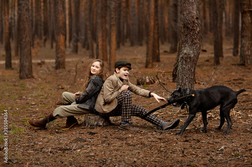 Girl and boy walk with a dog Cane corso in the forest and have a fun. Children are sitting on a stump. Dog playing with a stick © Татьяна Масловская