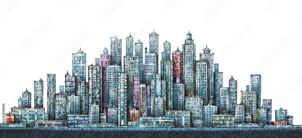 Modern City skyline, Hand drawn illustration with architecture, skyscrapers, megapolis, buildings, downtown