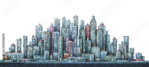 Modern City skyline, Hand drawn illustration with architecture, skyscrapers, megapolis, buildings, downtown