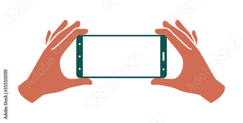 Hands holding smartphone on a white background, Colored vector illustration. line icons, sign, pattern