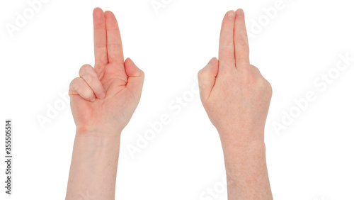 Freckled white hands. Isolated woman's hand, front and back, index and second finger together and pointing, ring and little finger bent. Thumb tucked in