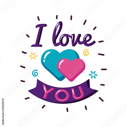 I love you text with hearts and ribbon flat style icon vector design