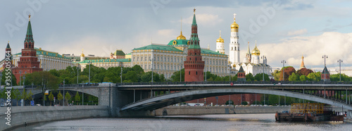 Moscow cityscape in spring. Kremlin wall, Towers, Residence of President of the Russian Federation, Ivan the Great Bell Tower, Dormition Cathedral, Bolshoy Kamenny Bridge