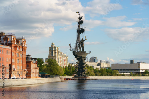 Photography of Moskva River and Peter the Great Statue in spring sunny day. Coronavirus pandemic. Nobody at the Bersenevskaya embankment. photo