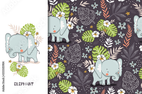 Cute elephant baby with floral backdrop. Jungle animal cartoon character. Alphabetical Kids card print template and seamless background pattern. Hand drawn fabric surface design.