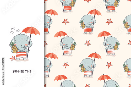 Cute elephant baby with umbrella and pineapple. Jungle animal cartoon character. Kids card template and seamless background pattern. Summer time. Hand drawn shirt print design.