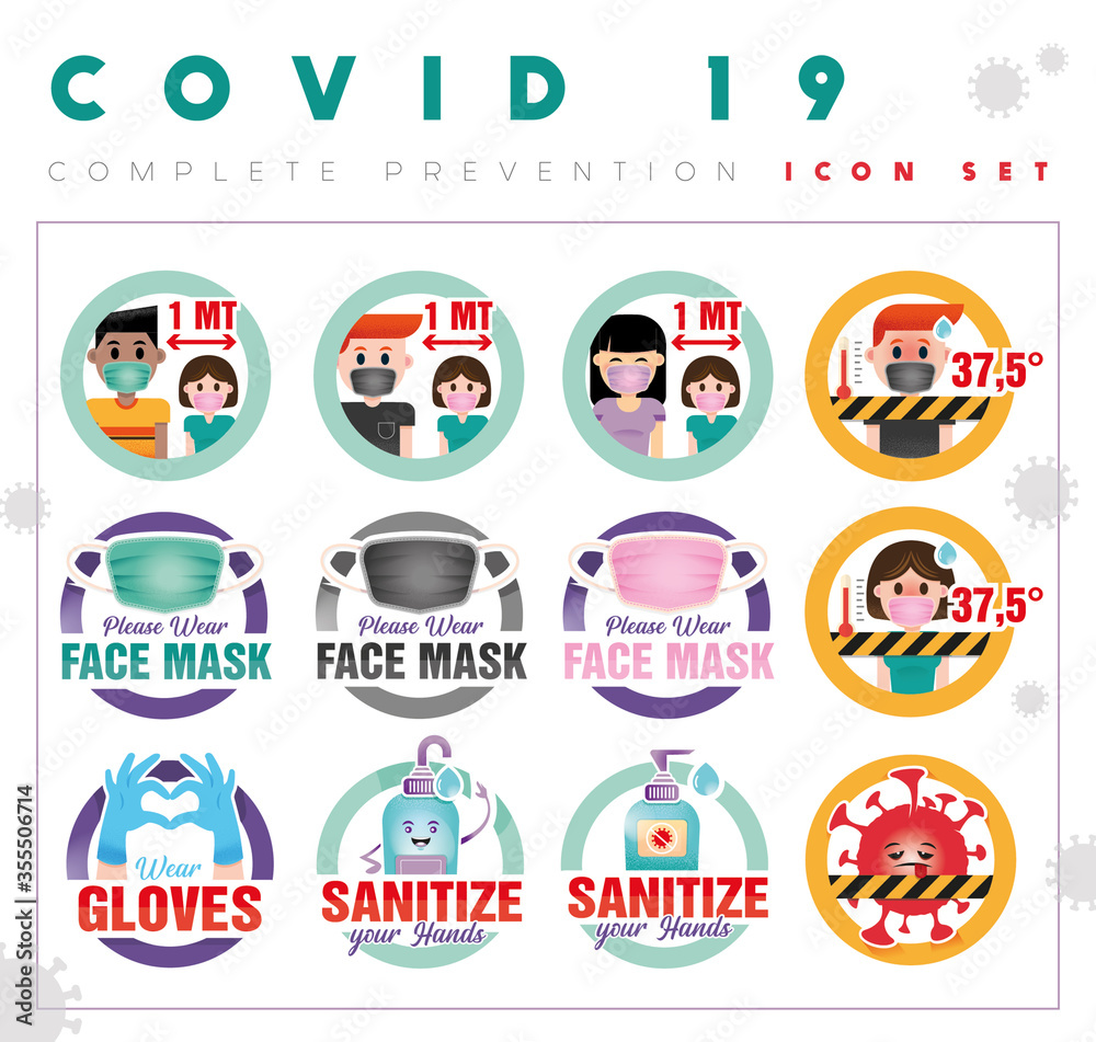 Naklejka premium COVID Prevention ICONS - Complete SET of 12 BUTTONS SIGNS - VECTOR - JPEG 