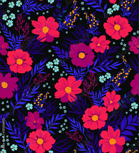 Seamless floral pattern. Surface design made of pink flowers gerbera, leaves and berries. Summer and spring motifs. Trendy floral texture. Dark blue background. Vector illustration. © ann_and_pen