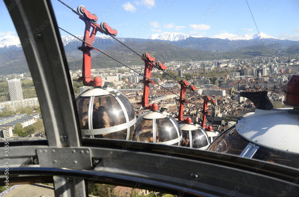 Grenoble city overview panorama with eggs aerial tram