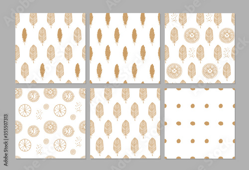 Background seamless feathers pattern abstract. Gold isolated on white. Vector illustration.
