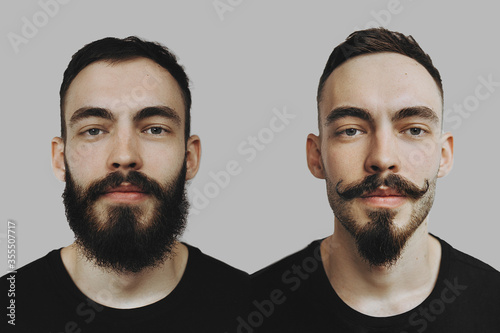 vintage, noise effect: two portraits of the same man before and after a haircut and shave. Satisfied barber shop customer, copy space © Ananass