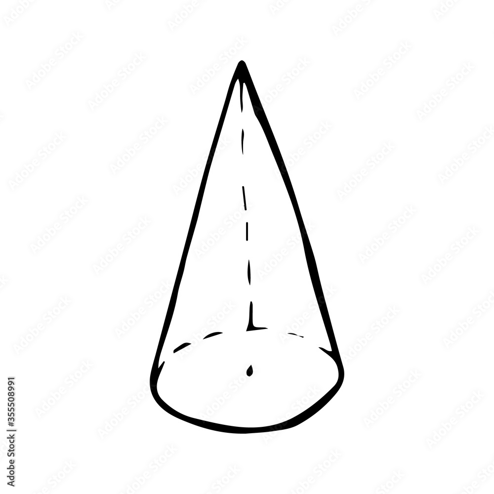 Cone in doodle style isolated on white background. Single geometric figure. Sign logo. Vector children school symbol. Simple cartoon outline illustration. Cone in doodle style isolated on white background. Single geometric figure. Sign logo. Vector children school symbol. Simple cartoon outline illustration.