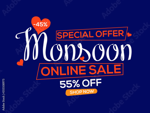 Happy Monsoon season sale with a special offer with a heavy discount. Use coupon code and get a discount. Shop Online. Template, logo, social media banner, poster, flyer, sale, badges, set, emblems, 