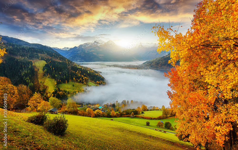 Fototapeta premium Incredible Nature Landscape. foggy morning during sunrise at Alpine lake in autumn. Colorful Sky over the Zeller Lake in Zell am See, Salzburger Land, Austria. Creative image. Natural Background