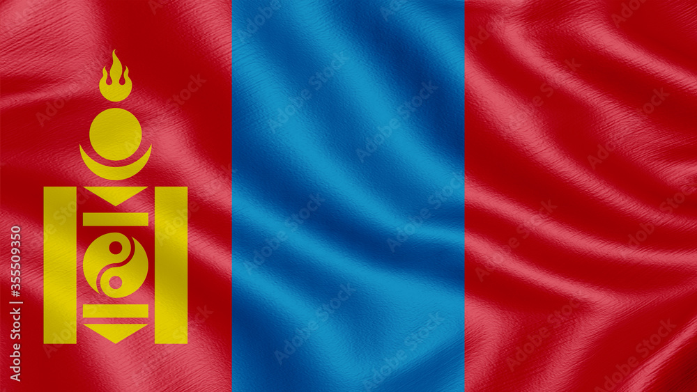 Flag of Mongolia. Realistic waving flag 3D render illustration with highly detailed fabric texture.