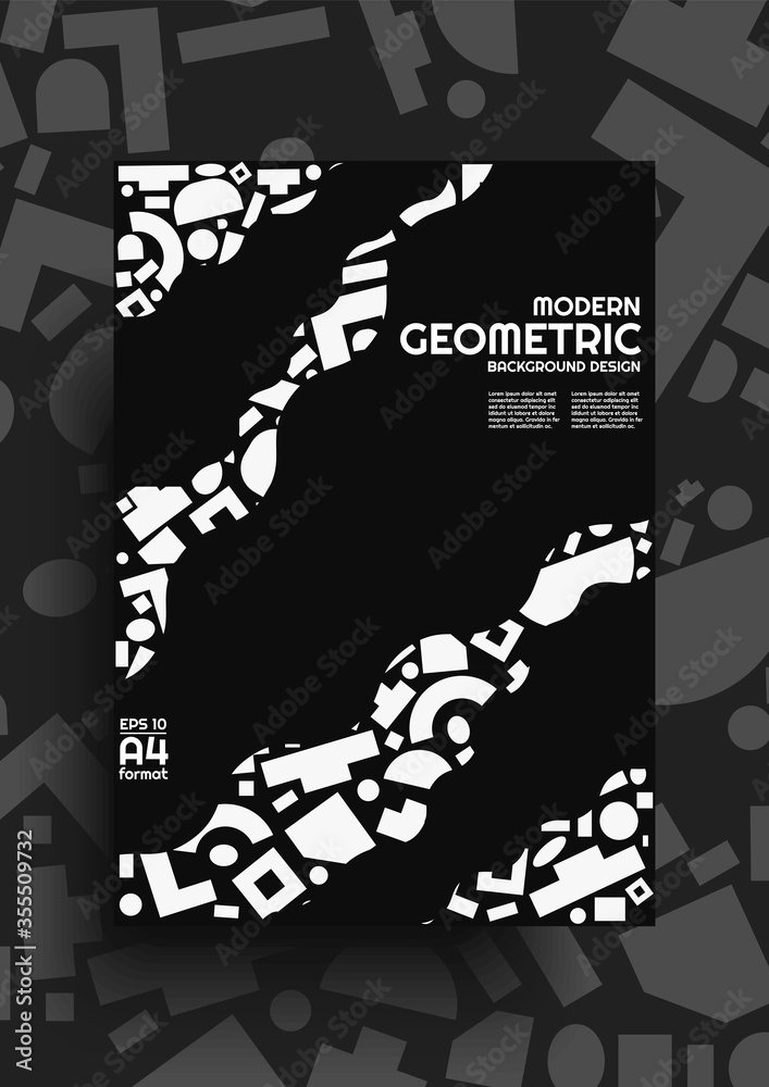 Modern black and white background design with waves and large number of details and geometric elements, designned in A4 size, can be used for everything, concept for posters, labels, flyes etc. Eps 10