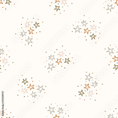 
Seamless background gender neutral baby stars pattern. Simple whimsical minimal earthy 2 tone color. Kids nursery wallpaper or boho sleepwear fashion all over print.