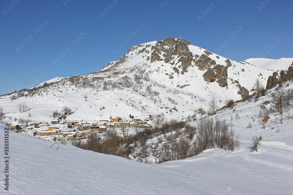 A village of the southern slopes of the Cantabrian Mountain range in winter, province of León, Spain