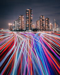 Papier peint photo Autoroute de nuit Tokyo Tsukishima nocturne reflets sur Sumida  © kankankavee