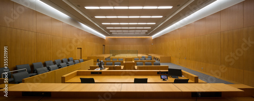Panoramic view of a courtroom viewed from the Bench photo