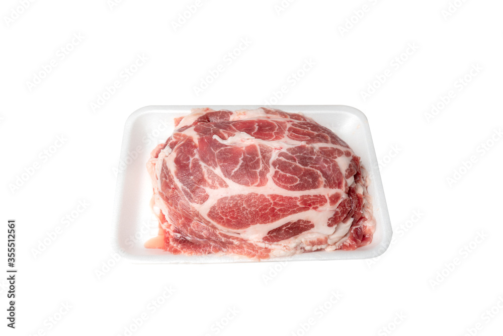 sliced pork in tray foam on white background