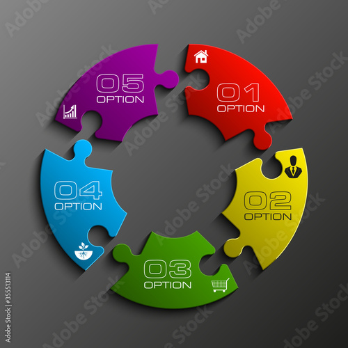 Five sided 3d puzzle presentation infographic template with explanatory text field for business statistics