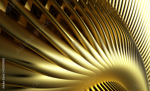 3d render of abstract art of surreal industrial 3d background with part of turbine jet engine based on parallel curve wavy lines pattern in gold matte metal material 