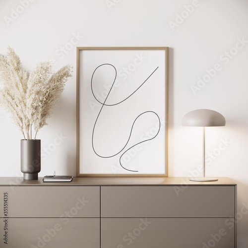 Bild auf Leinwand 3d render of a modern mockup interior with wooden frame on a dark beige sideboar