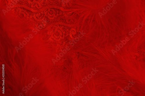 Background of red fluffy feathers and red lace in retro vintage burlesque style photo