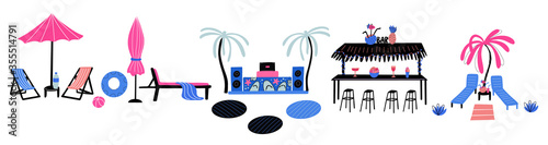 Set of beach infrastructure elements. DJ musical equipment, bar, place for dancing, sunbeds and umbrellas, cool drinks, rubber ring, palm tree. Vector illustration isolated on white. Summer design.