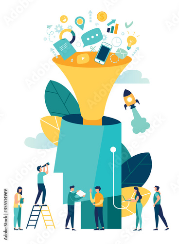 Vector illustration, digital marketing funnel leads generation with customers, marketing, sales generation and optimization