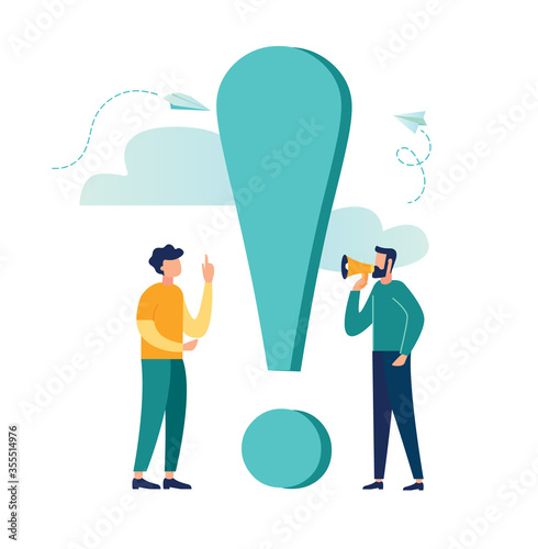 Vector illustration, concept illustration of people frequently asked questions, waiting to be answered, around the exclamation mark, answer to the metaphor of the question