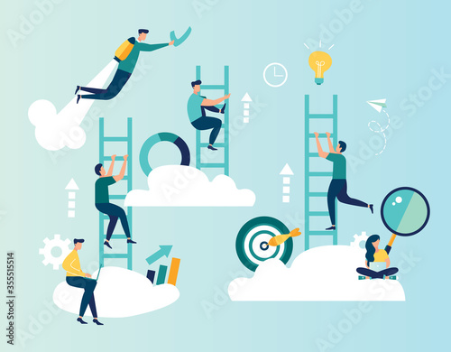 Vector illustration, a man seeks up the stairs, achieving the goal, the path to success is motivation, career advancement, search for ideas - Vector 
