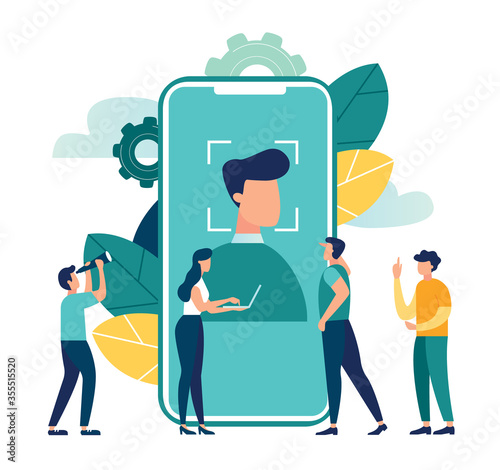 Face recognition using a laser concept ID, man holds a phone in his hand and scans the application face, modern technology - Vector 